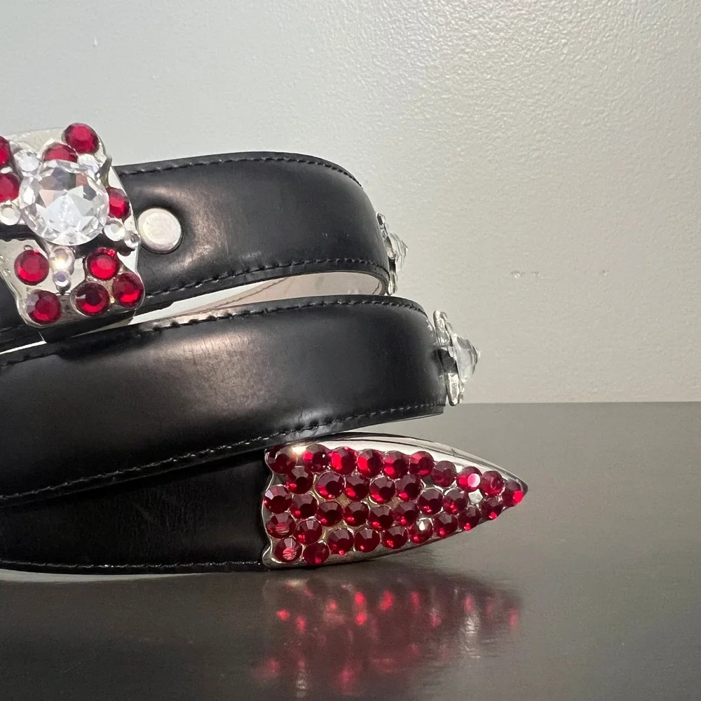 Simon‎ Italy Black Leather Red Rhinestone Western Glam Belt XL Crystal Star rock